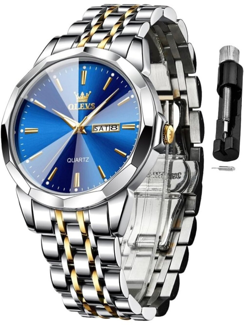 Mens Blue Diamond Analog Quartz Solid Stainless Waterproof Luminous Wooden Watch